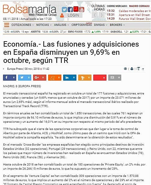 Las fusiones y adquisiciones en Espaa disminuyen un 9,69% en octubre, segn TTR